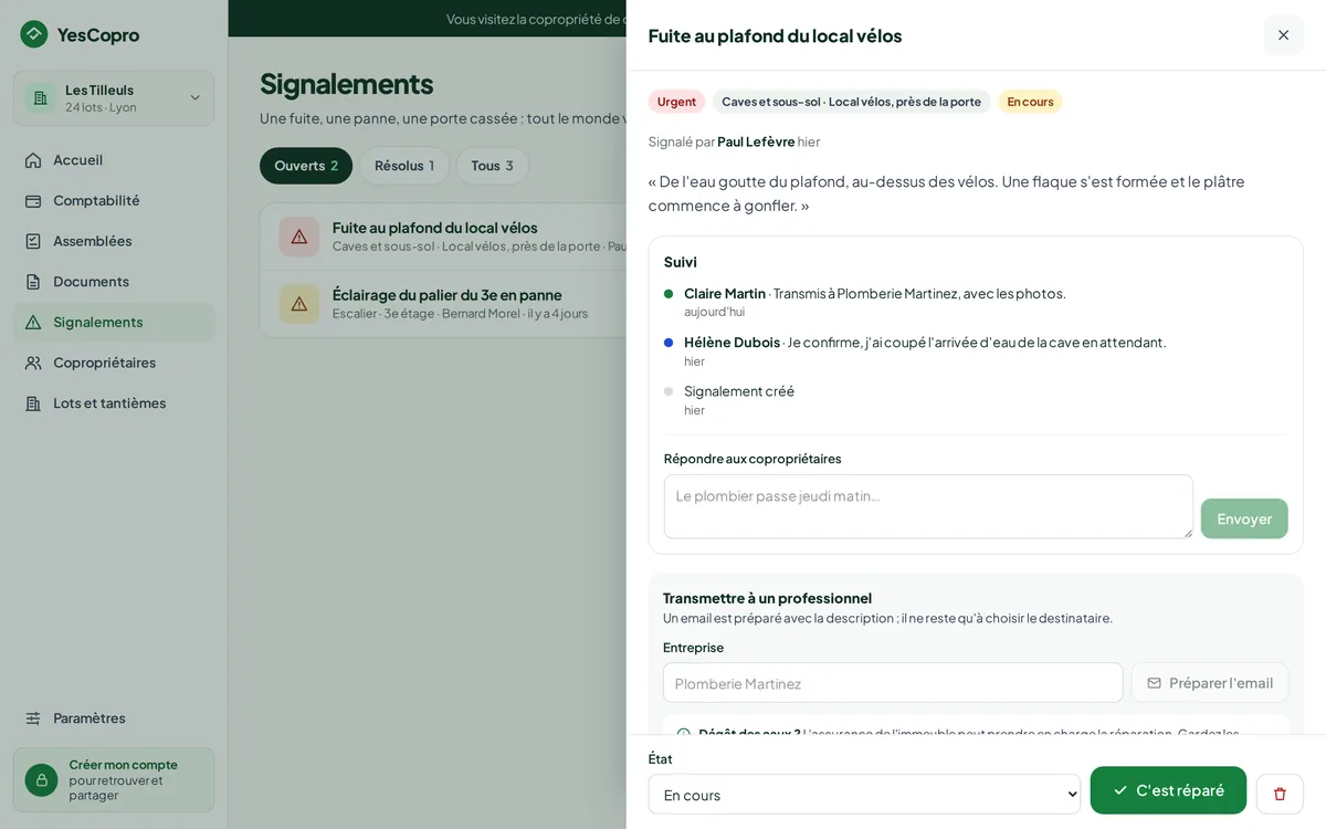 Fiche d'un signalement dans YesCopro : description, suivi, réponse aux copropriétaires et transmission à un professionnel