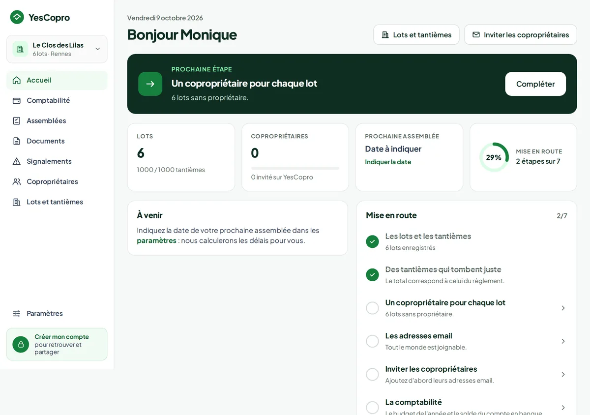 Tableau de bord de YesCopro après la création d'une copropriété : prochaine étape, trésorerie, mise en route